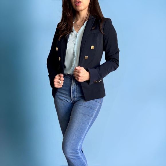 Express Peak Lapel Double Breasted Novelty Button Blazer, Navy Blue, Size 0 - Picture 14 of 14